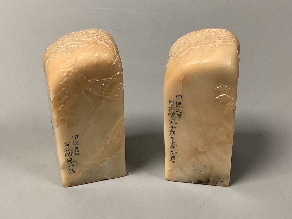 Two Chinese square soapstone seals, height 7cm